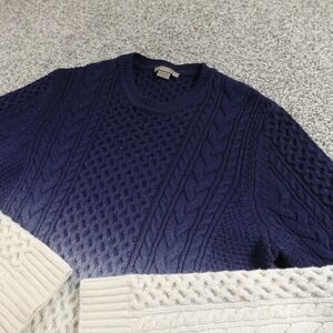 Amicale Sweater Mens M Blue Cream Ombre Wool Cashmere Aran Cable Knit Crewneck